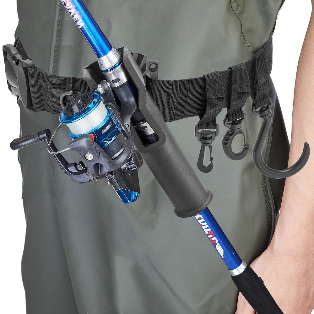 Rod holder installed on fishing belt with strap