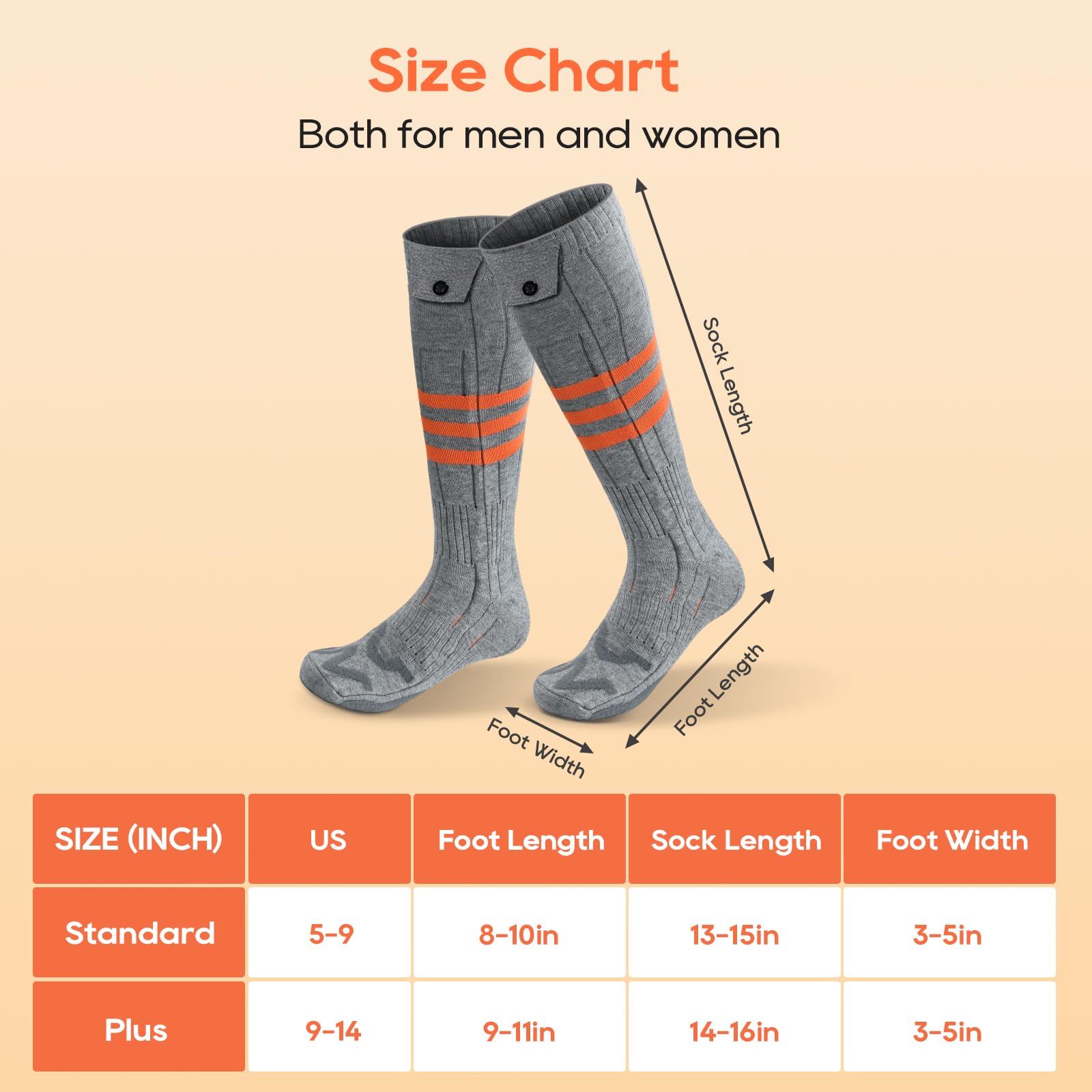 Waestcia heated socks available in multiple sizes for men and women.