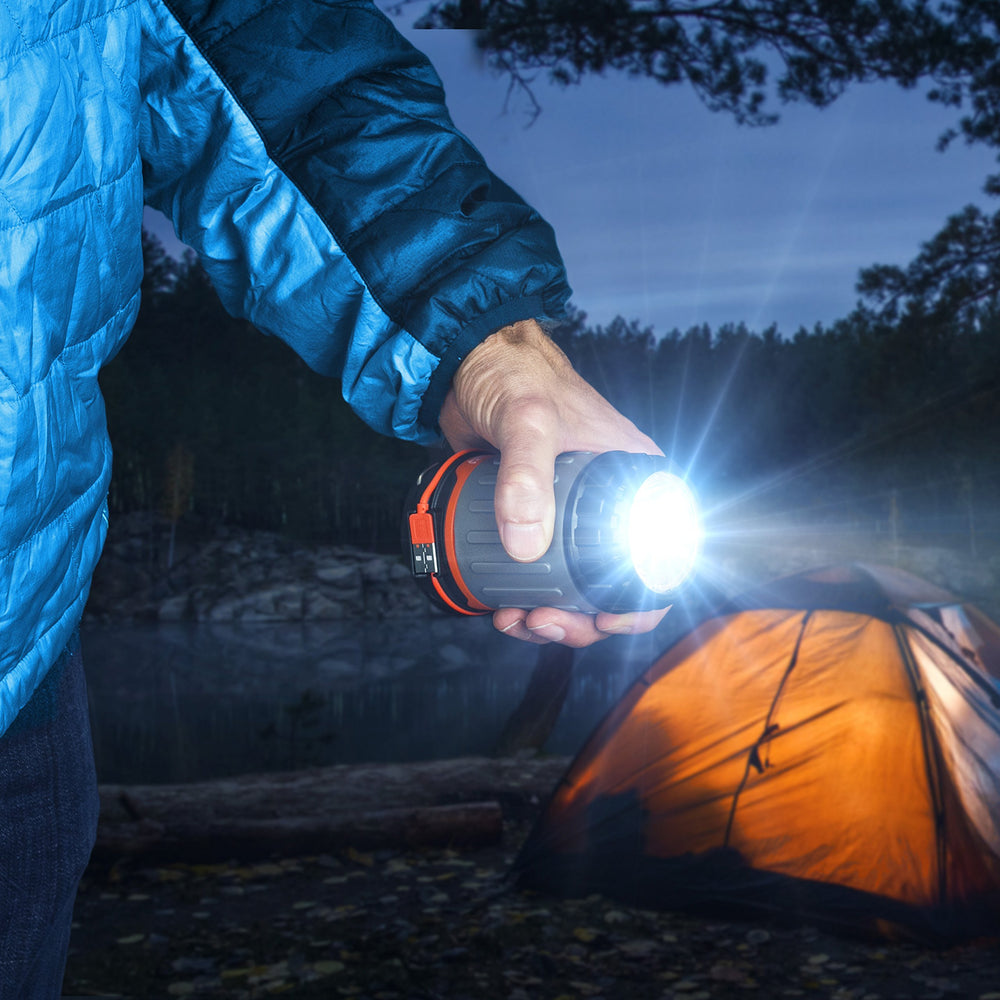 Wagan EL4304 lantern in camp setting showcasing bright illumination.