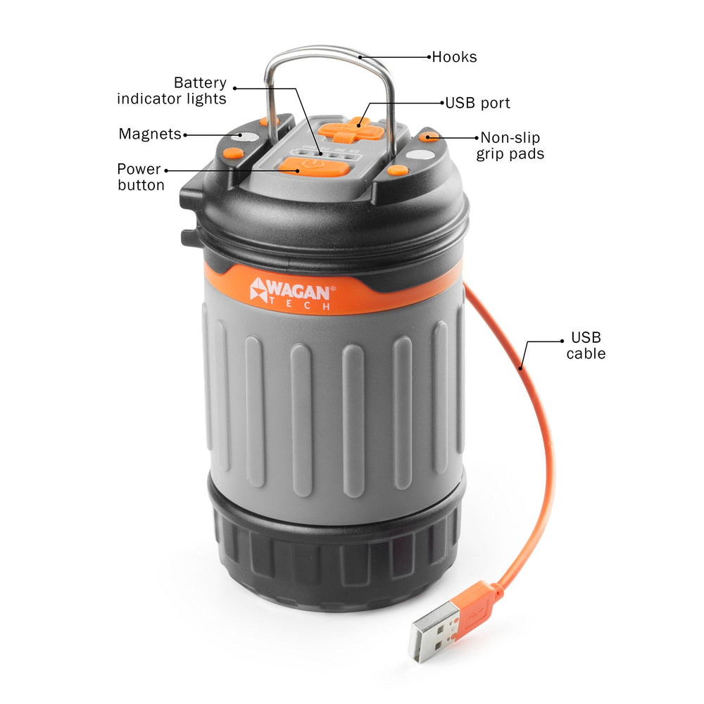 Wagan EL4304 lantern with hanging hooks for versatile mounting in tent or hitch.