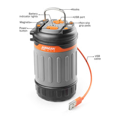 Wagan EL4304 lantern with hanging hooks for versatile mounting in tent or hitch.