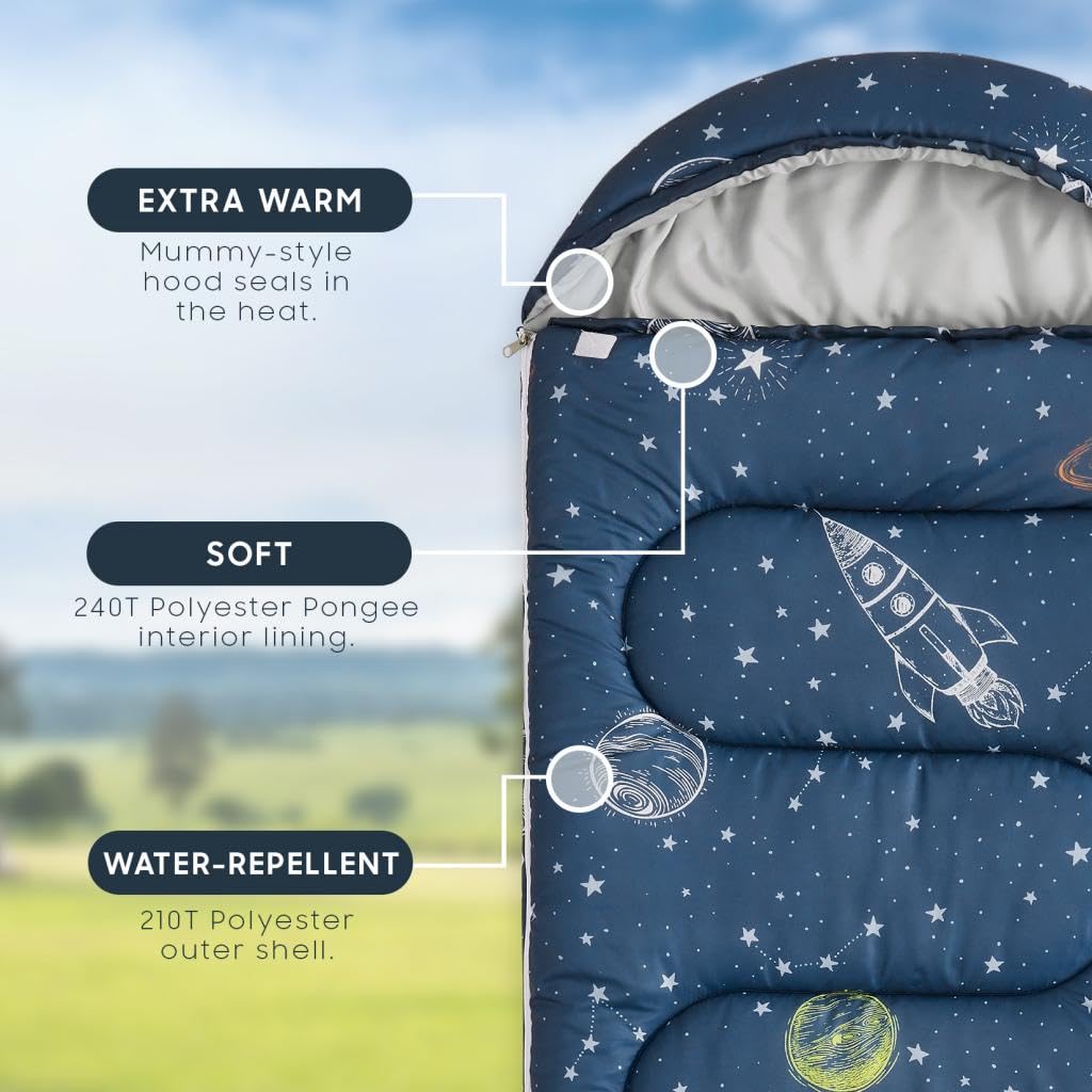 Wake In Cloud 3-season warmth sleeping bag keeps little campers comfortable across temperatures.