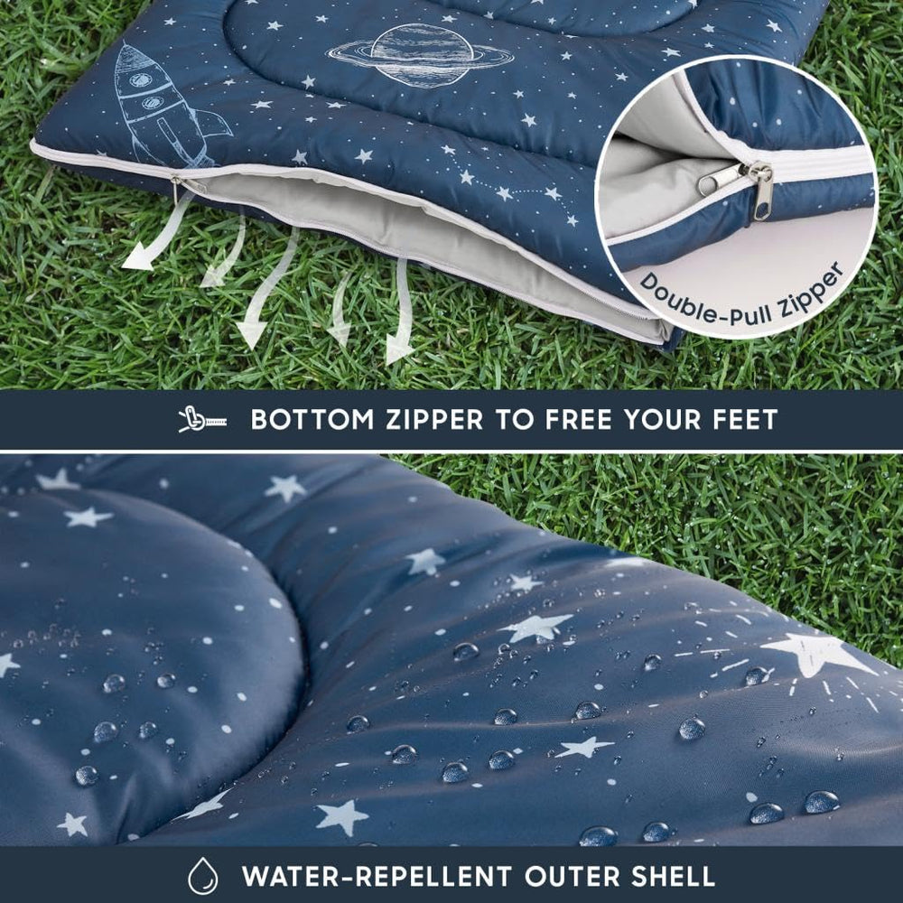 Wake In Cloud convertible sleeping bag unzips to a blanket for flexible use.