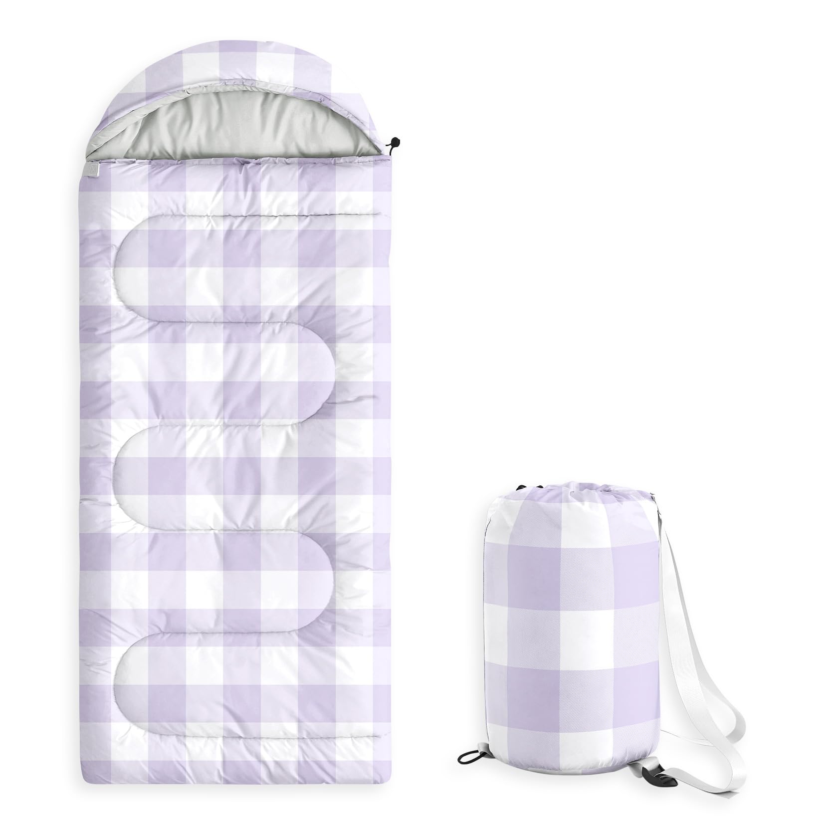 Wake In Cloud sleeping bag plaid, closed zipper for secure warmth during campouts.