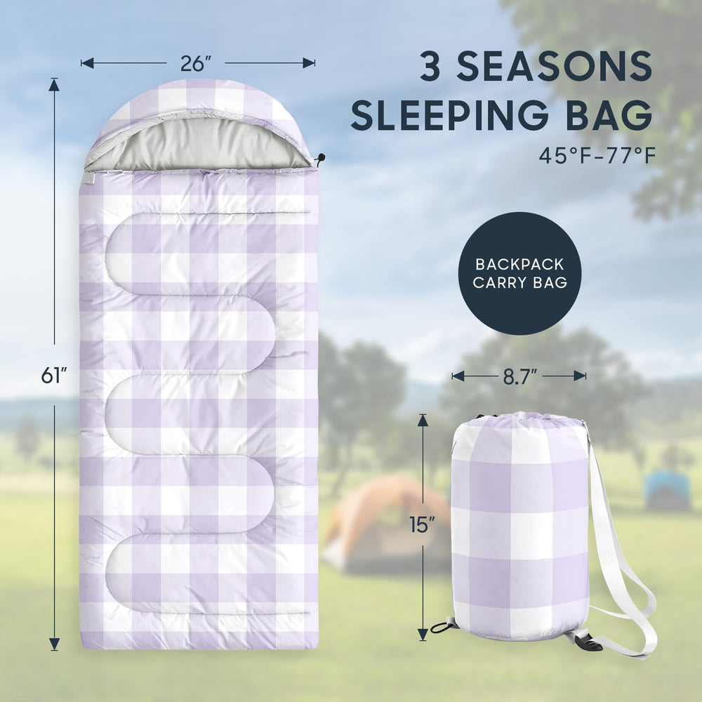 Wake In Cloud plaid sleeping bag with hood drawstring for chilly-night warmth.