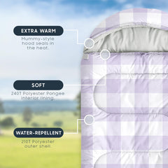 Wake In Cloud plaid sleeping bag with hood open for ventilation and comfort.