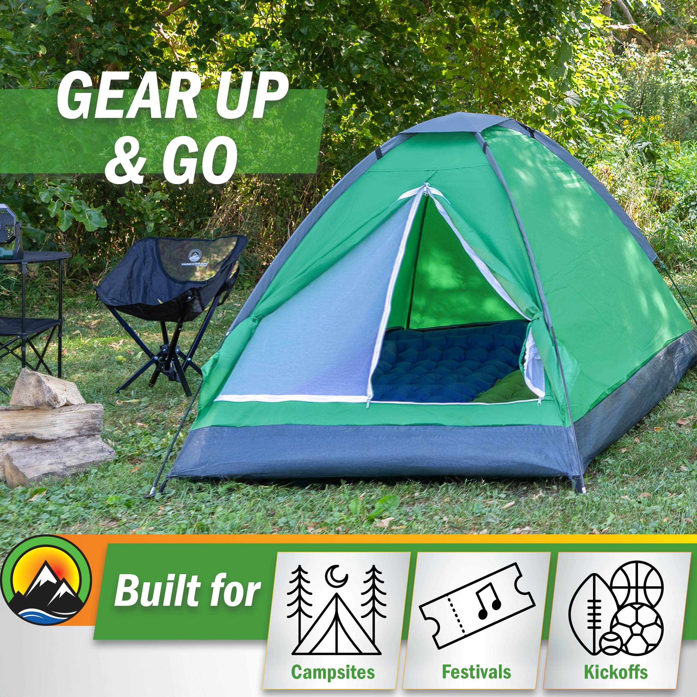 Wakeman 2-person tent electric access port enables cord exit without bugs.