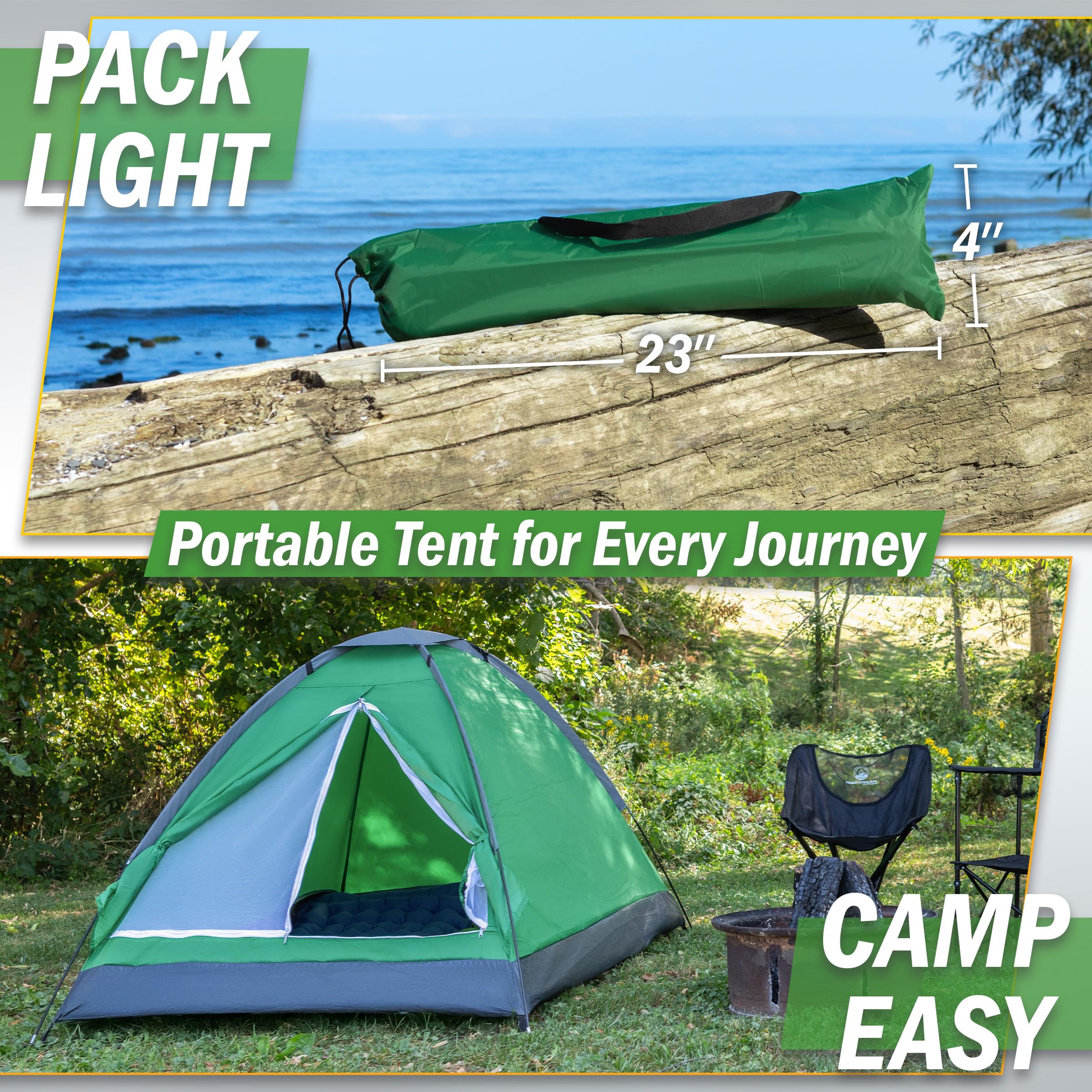 Wakeman tent with taped seams for weather resistance during light rain.