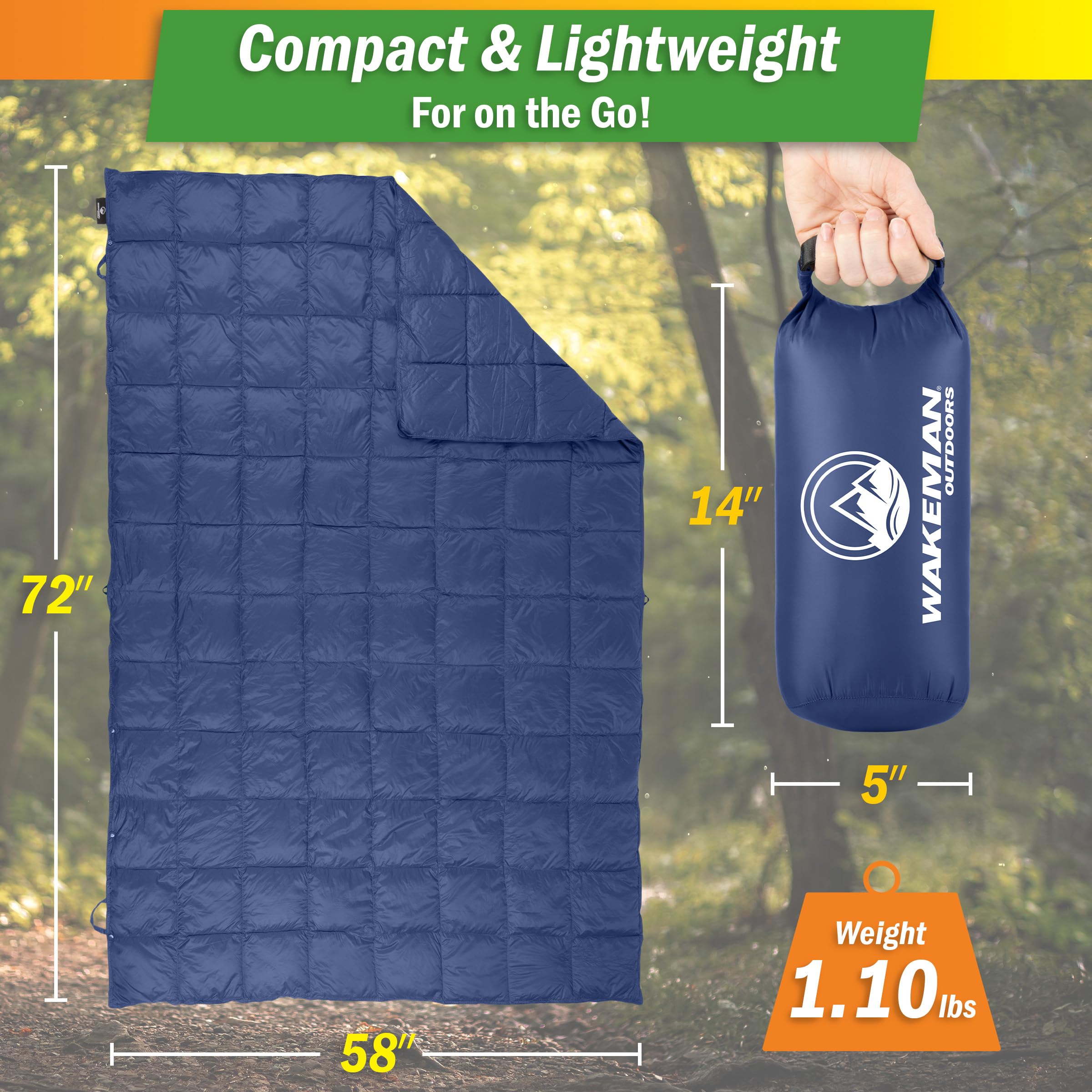Wakeman down camping blanket 78x52 inches unfolded for roomy outdoor warmth.