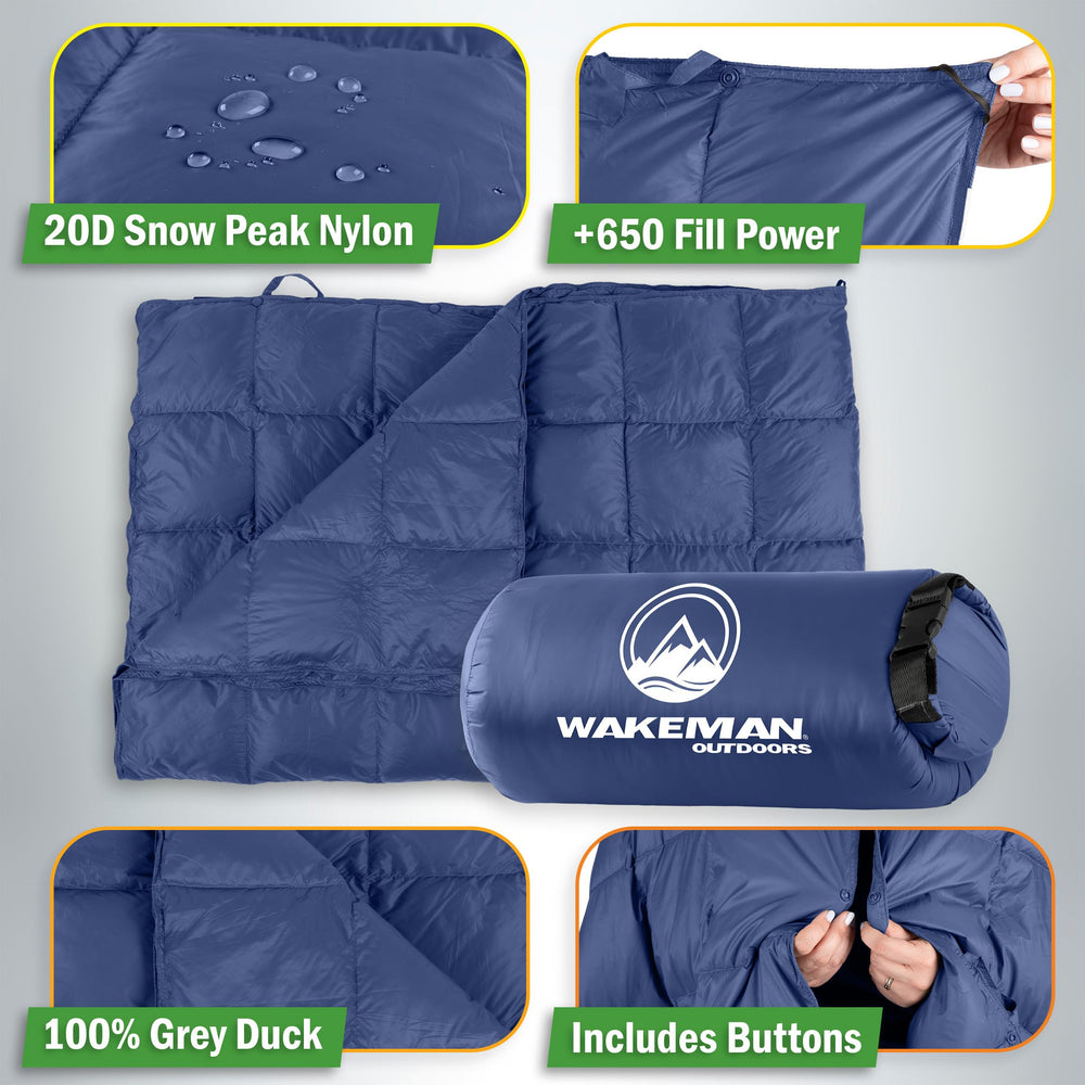 Wakeman down camping blanket wearable with edge buttons for cozy campfire wear.
