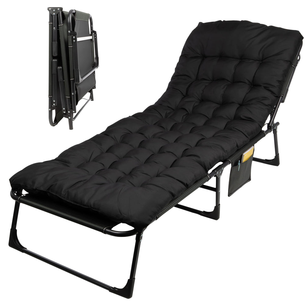 Wakeman folding camping cot with mattress and removable cushion for comfortable outdoor sleep.