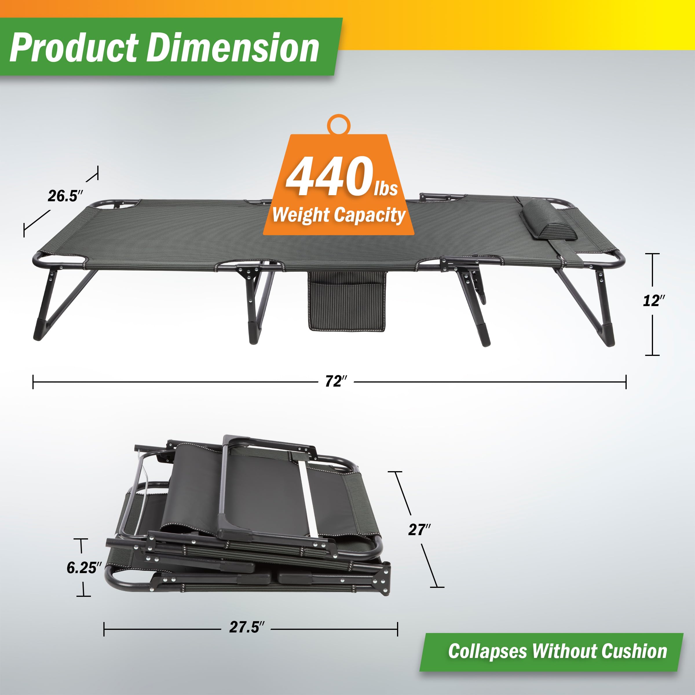 Wakeman cot folded dimensions show compact transport and storage.