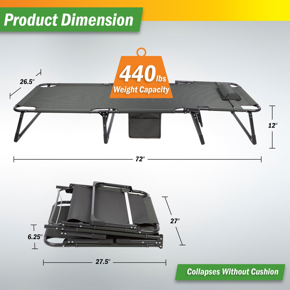 Wakeman cot folded dimensions show compact transport and storage.
