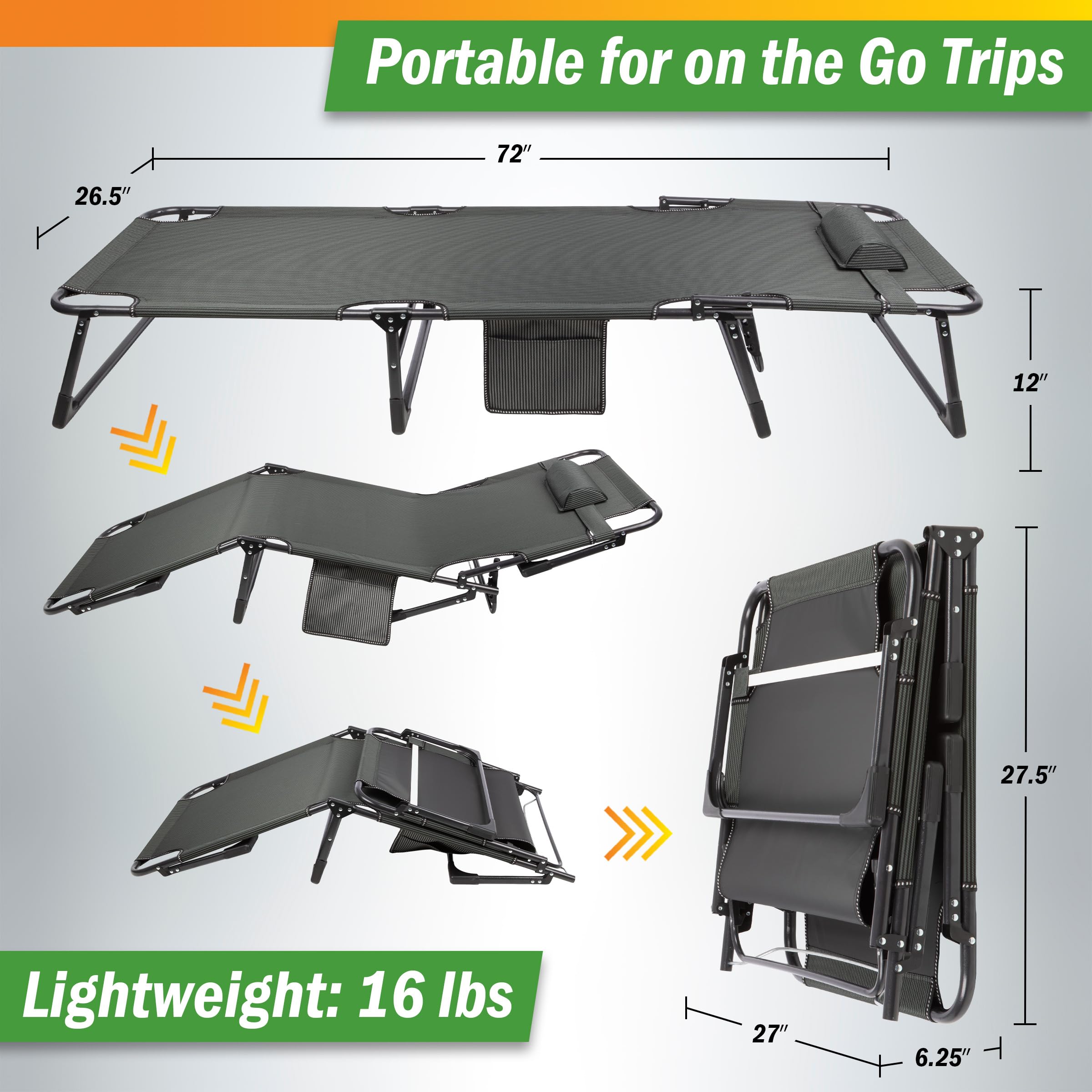 Wakeman cot with three recline positions lets you lounge by the beach.