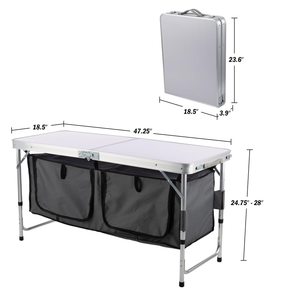 Wakeman folding table in transit, ready for picnics and beach days.