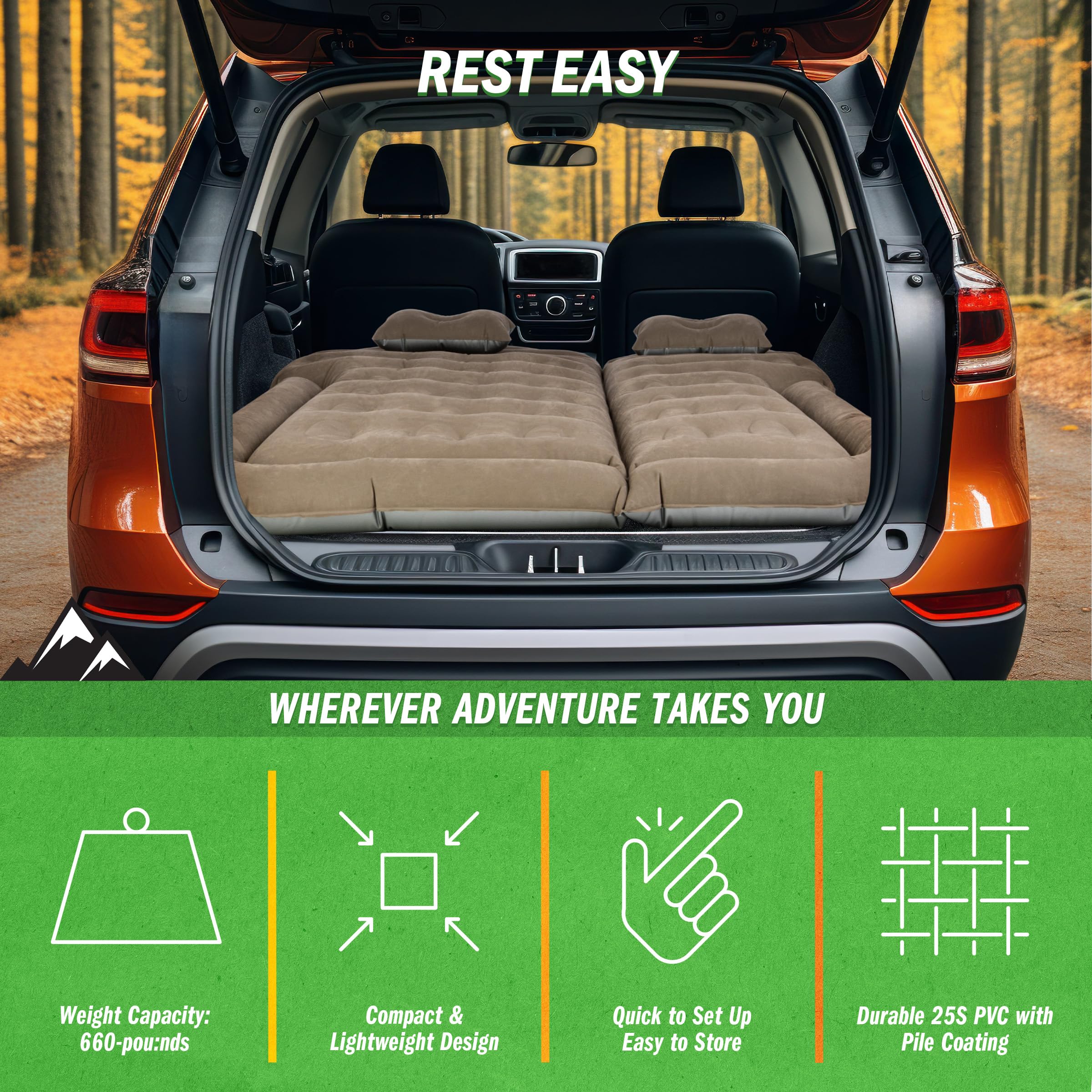 Wakeman mattress inflates via car AUX outlet for quick setup.