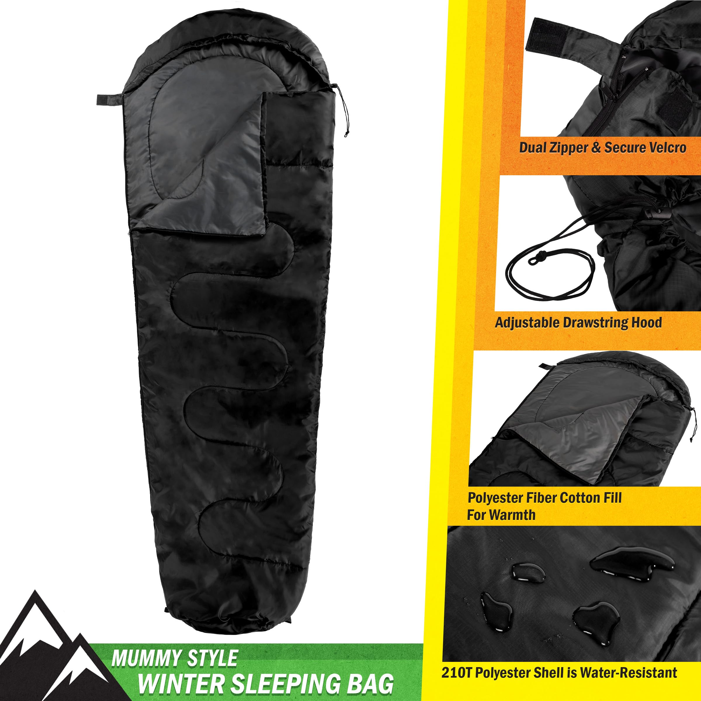 Wakeman Mummy Sleeping Bag hood drawstring for added warmth on cool nights