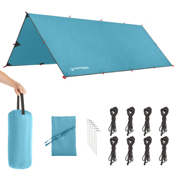 Wakeman Outdoors 10x12 tarp setup provides portable shelter under trees