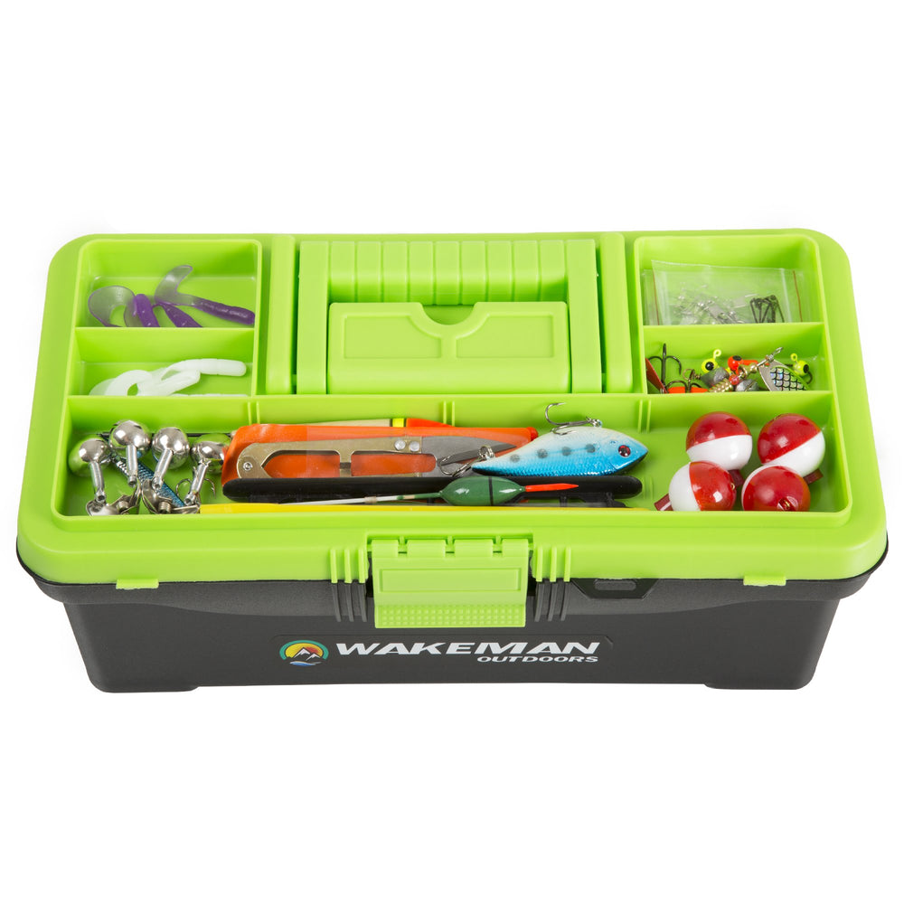 Wakeman Outdoors 55-piece kit contents displayed for versatile fishing on lakes or rivers