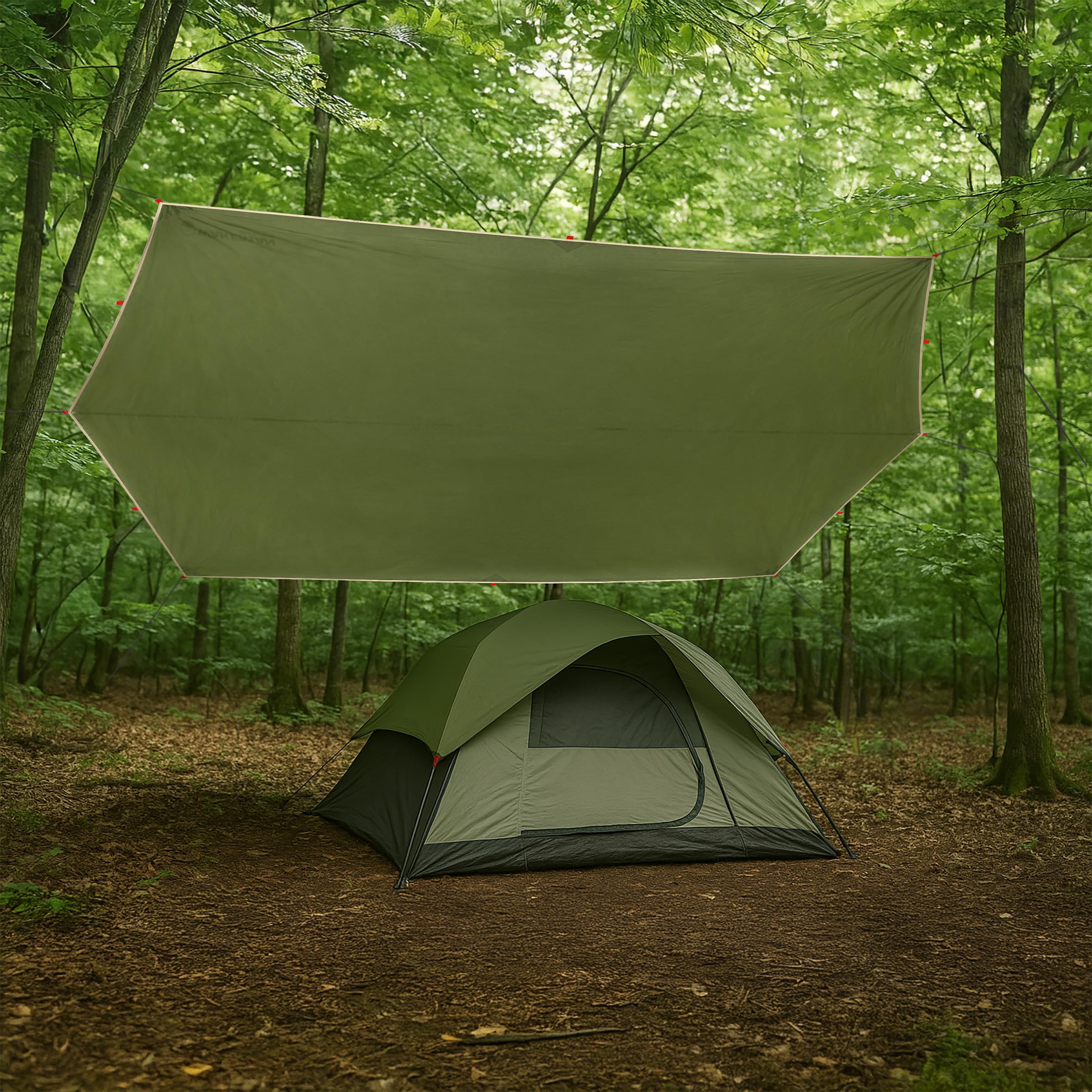 Wakeman Outdoors blue camping tarp in use as shelter over campsite