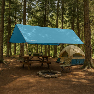 Wakeman Outdoors blue storage bag keeps tarp and stakes organized