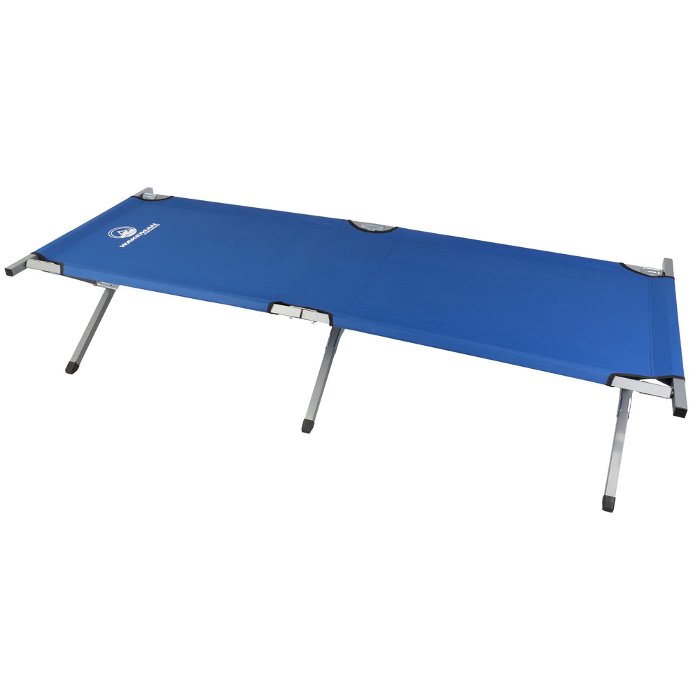 Wakeman Outdoors camping cot blue folded for easy transport
