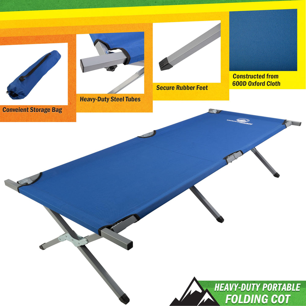 Wakeman Outdoors camping cot blue 600D oxford fabric stays dry