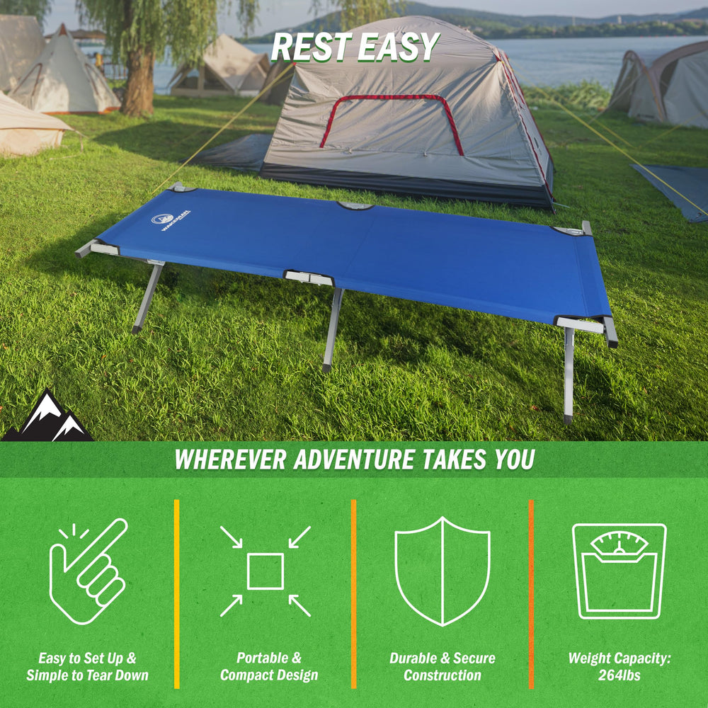 Wakeman Outdoors camping cot blue setup in moments for quick rest