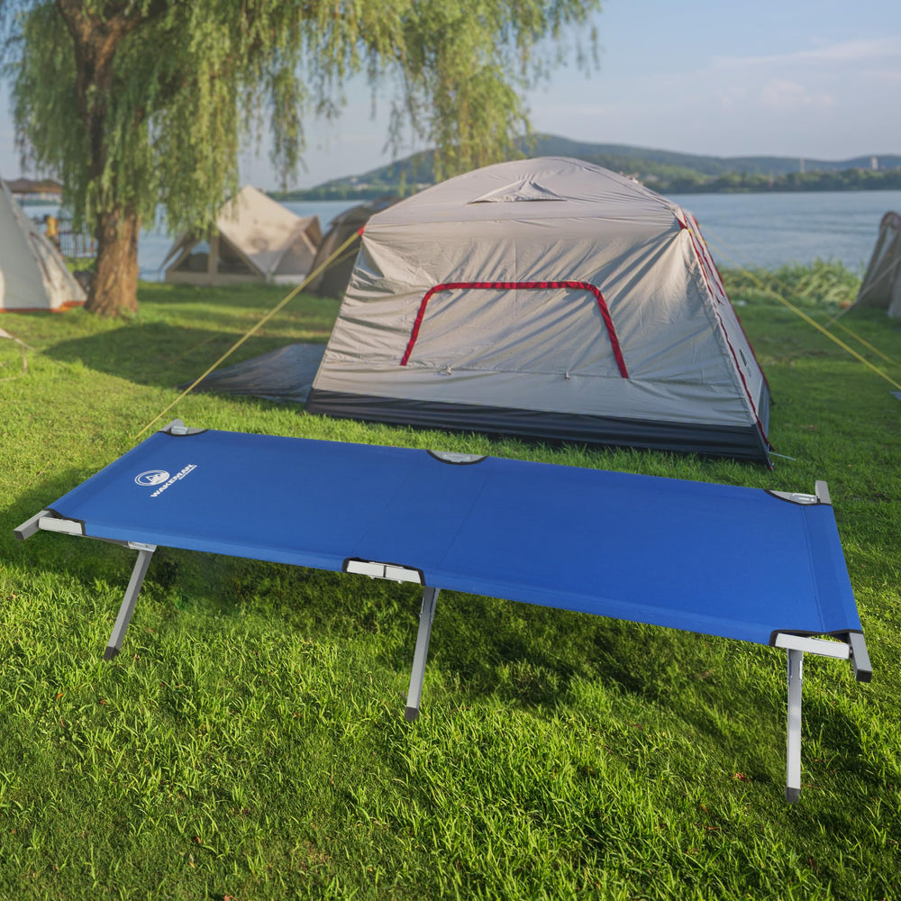 Wakeman Outdoors camping cot blue weight capacity 264lbs supports adults