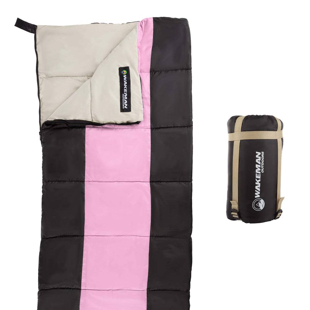 Wakeman Outdoors lightweight kids sleeping bag in pink and black, for camping comfort.