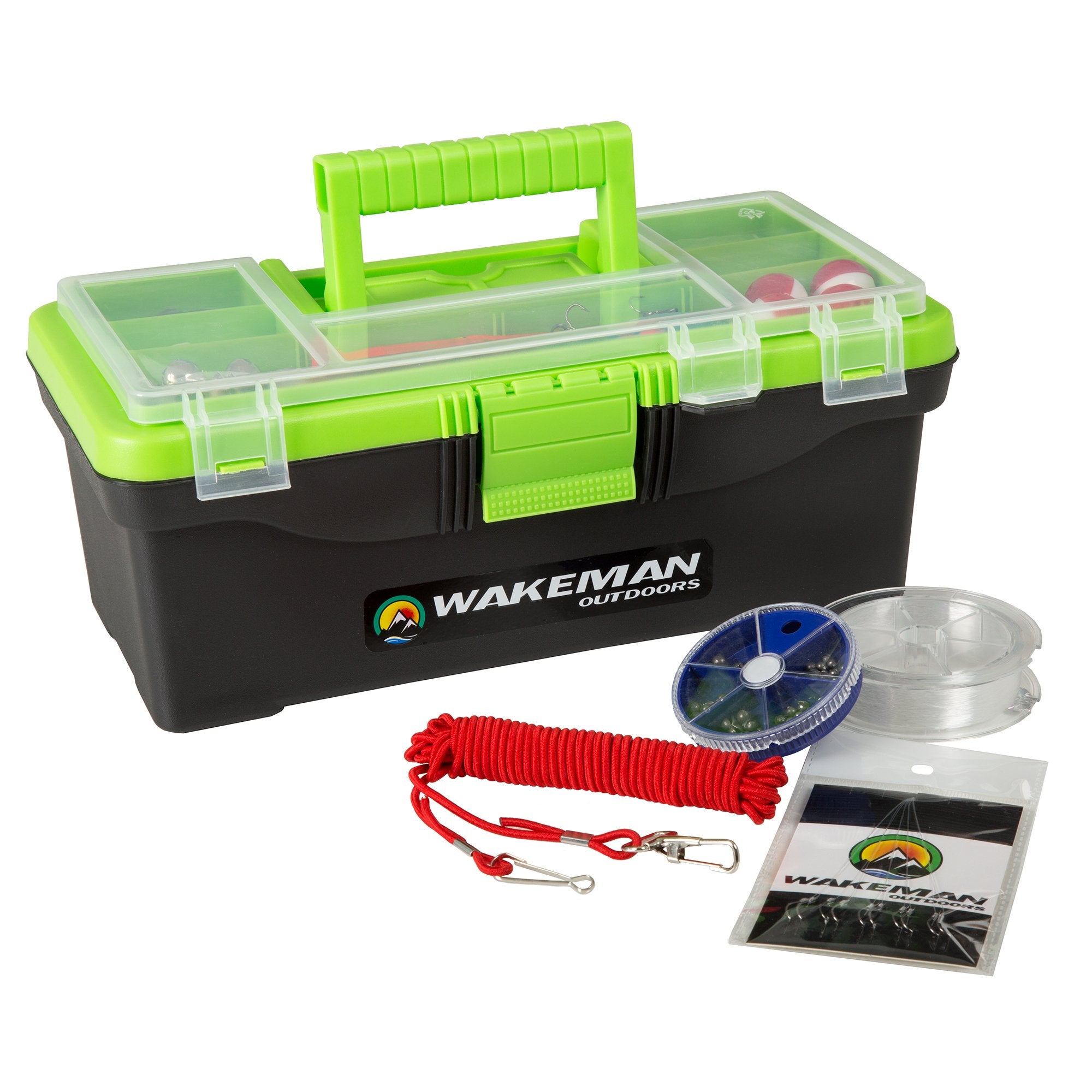 Wakeman Outdoors lime-green tackle box top view showing organized compartments for easy access