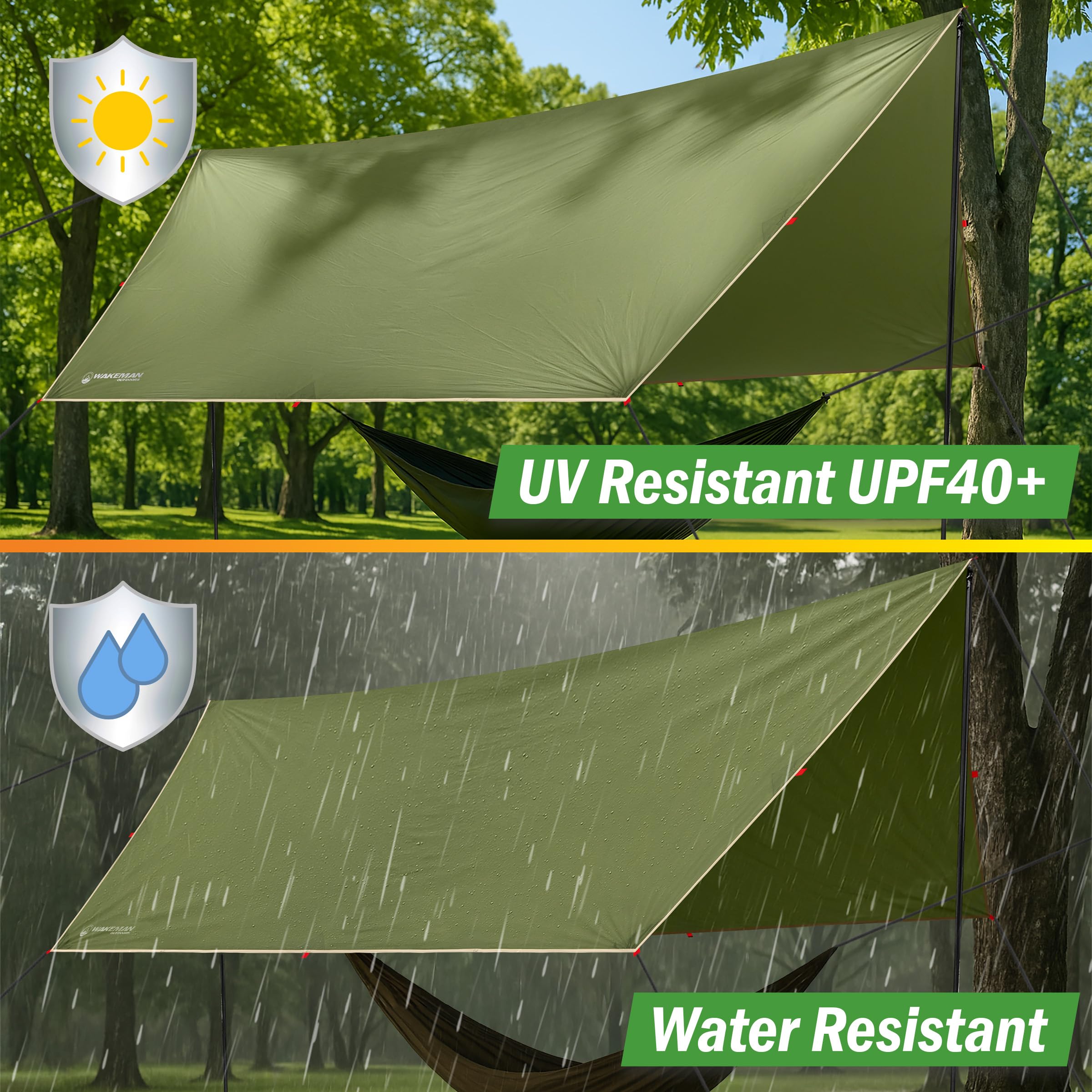 Wakeman Outdoors stakes and guy lines stabilize shelter on uneven ground