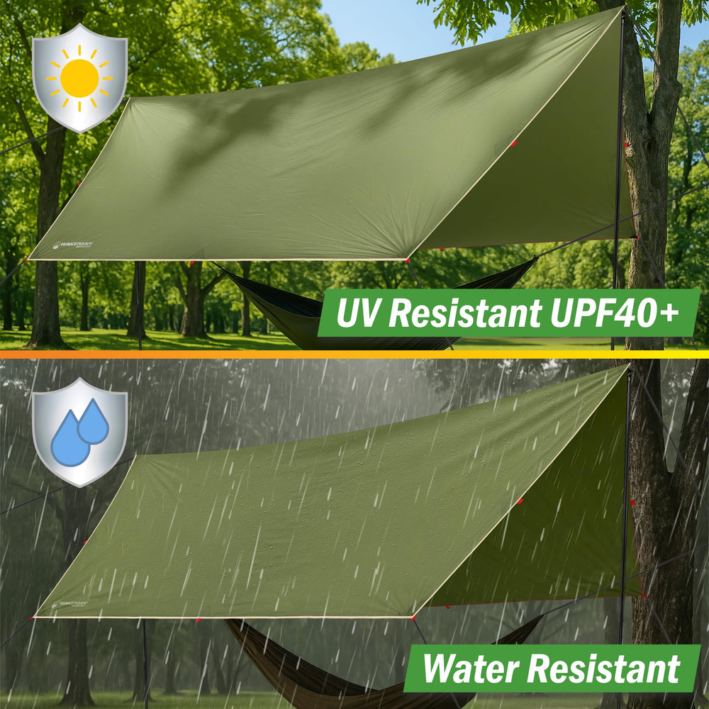 Wakeman Outdoors stakes and guy lines stabilize shelter on uneven ground