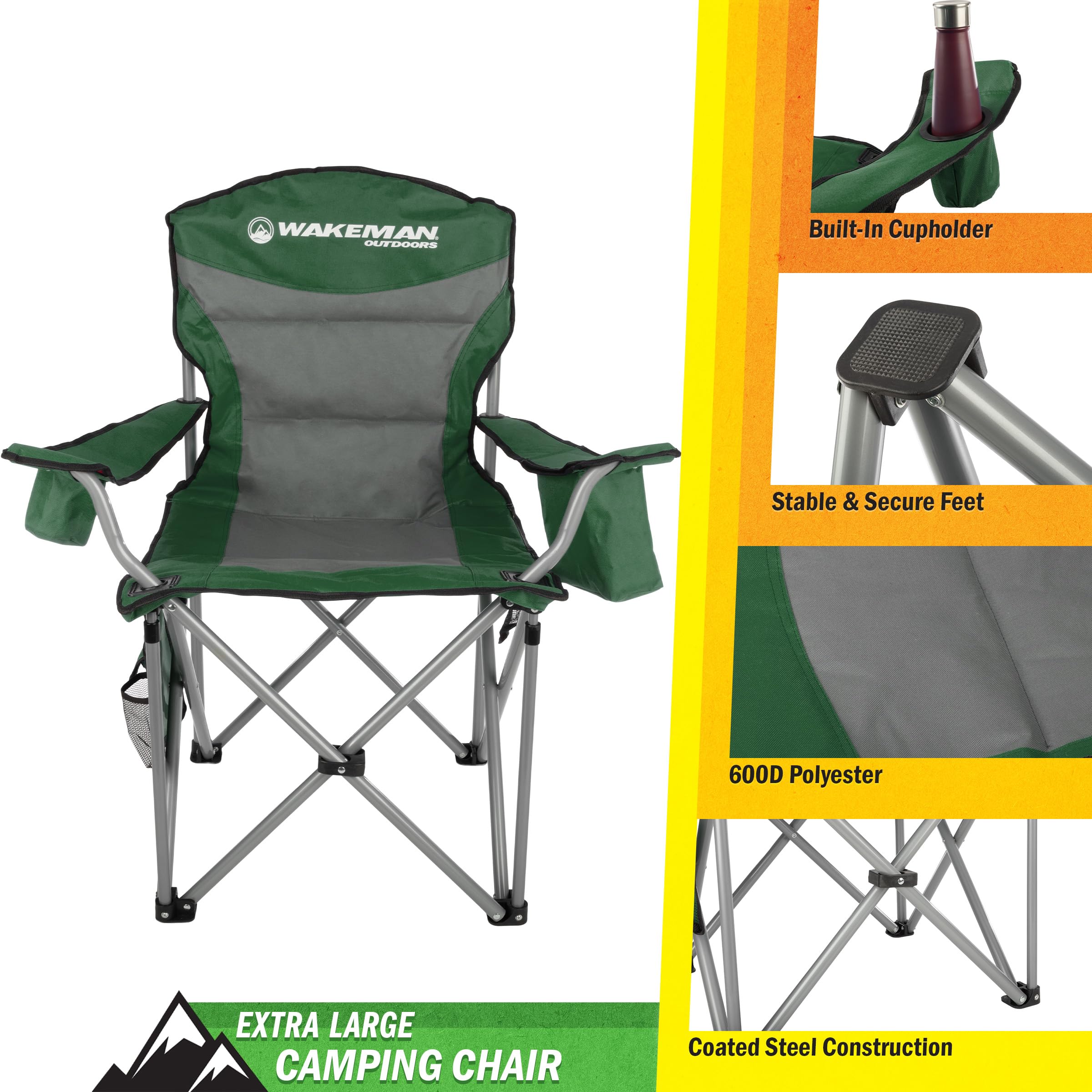 Wakeman oversized camping chair green back mesh pocket for magazines or snacks