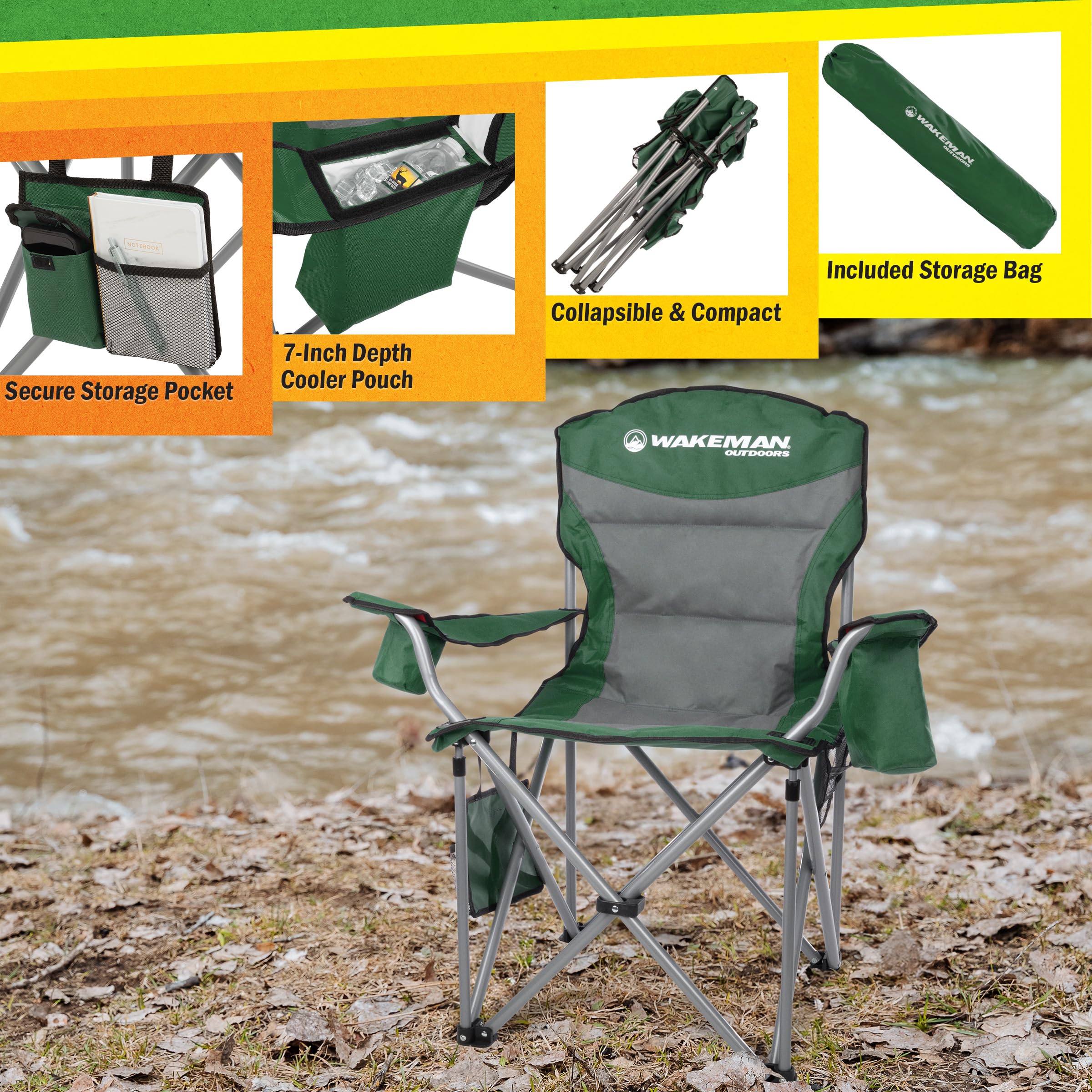 Wakeman oversized camping chair green folded for portability and travel