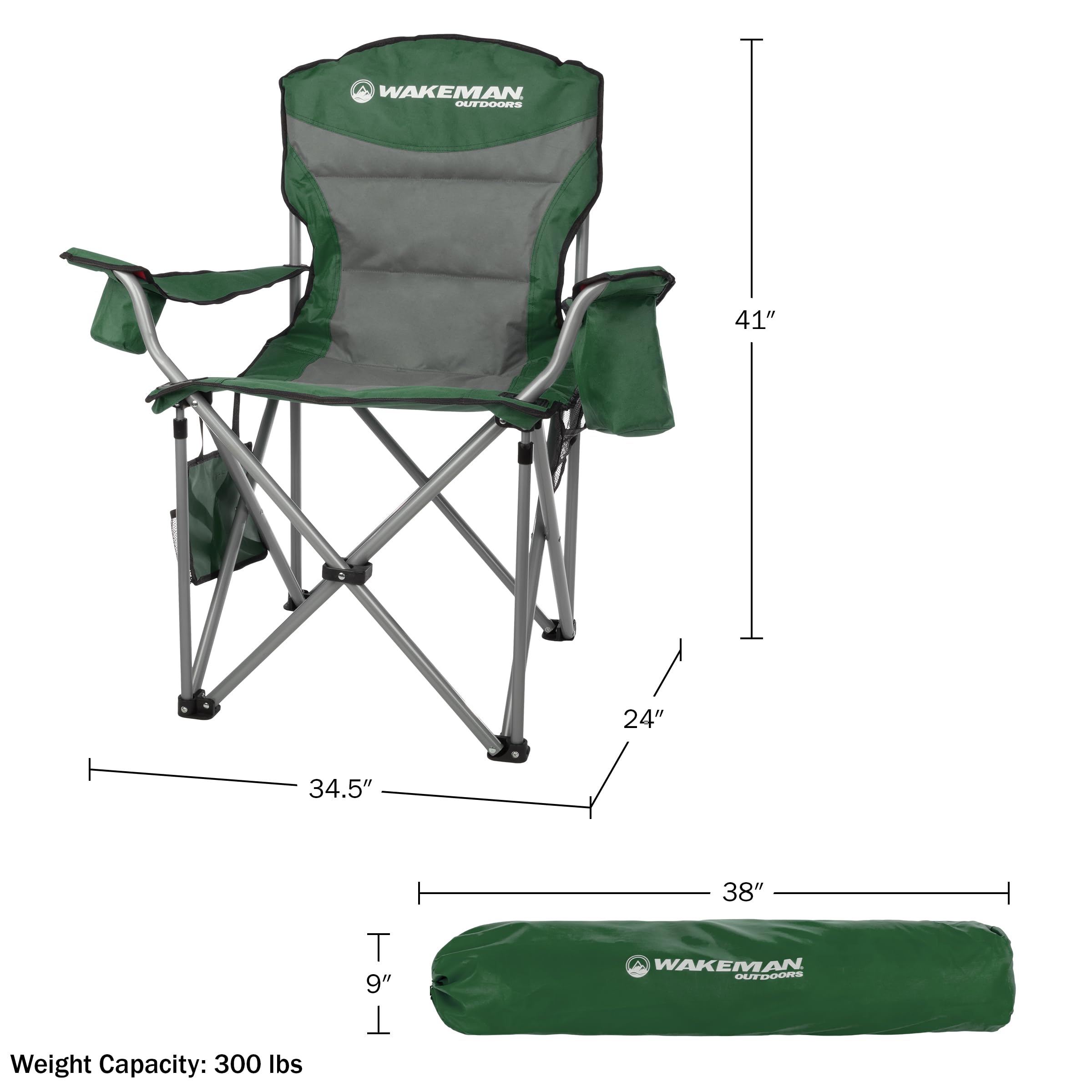 Wakeman oversized camping chair green removable side pocket for keys and phone