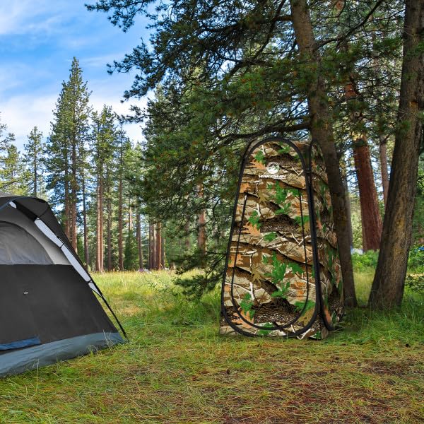 Sturdy stakes and guy lines securing Wakeman camo pod on varied terrain