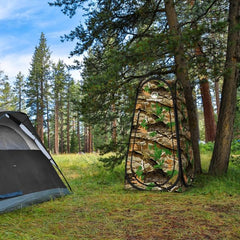 Sturdy stakes and guy lines securing Wakeman camo pod on varied terrain