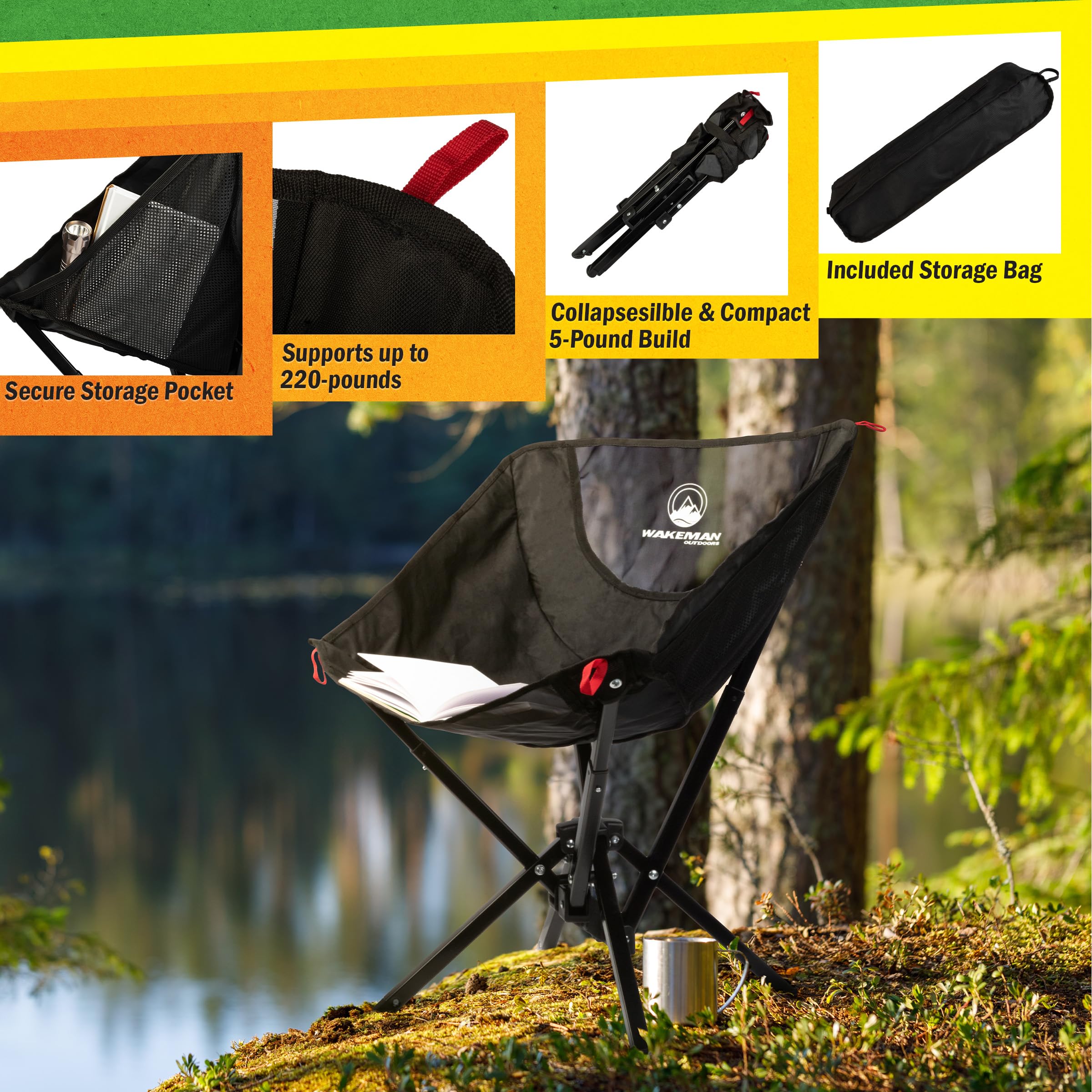 Wakeman portable camping chair fabric in 600D Oxford for rugged use.