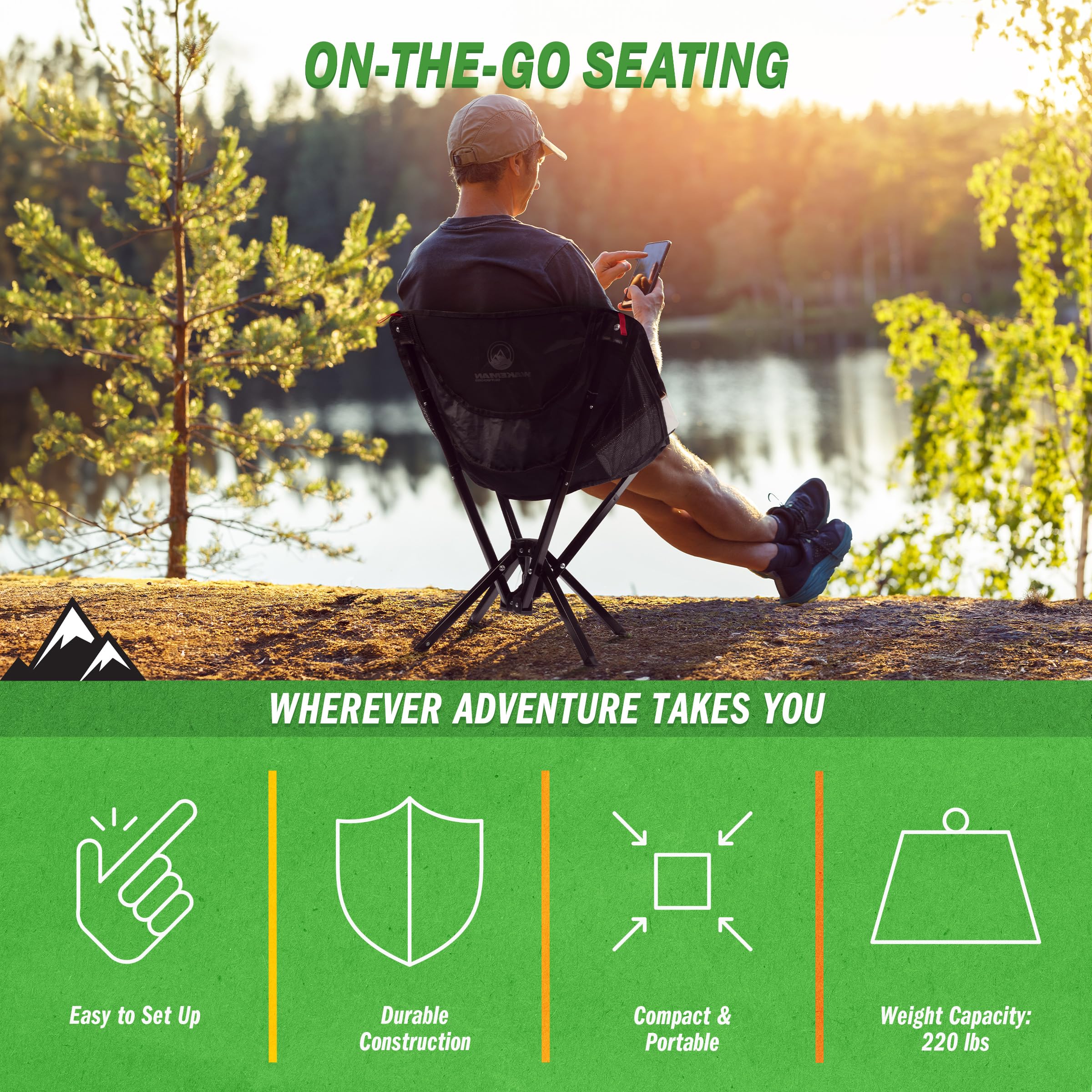 Wakeman portable camping chair with non-slip rubber feet on varied terrain.