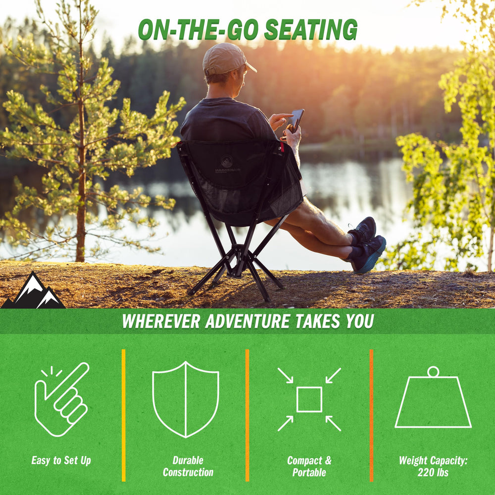 Wakeman portable camping chair with non-slip rubber feet on varied terrain.