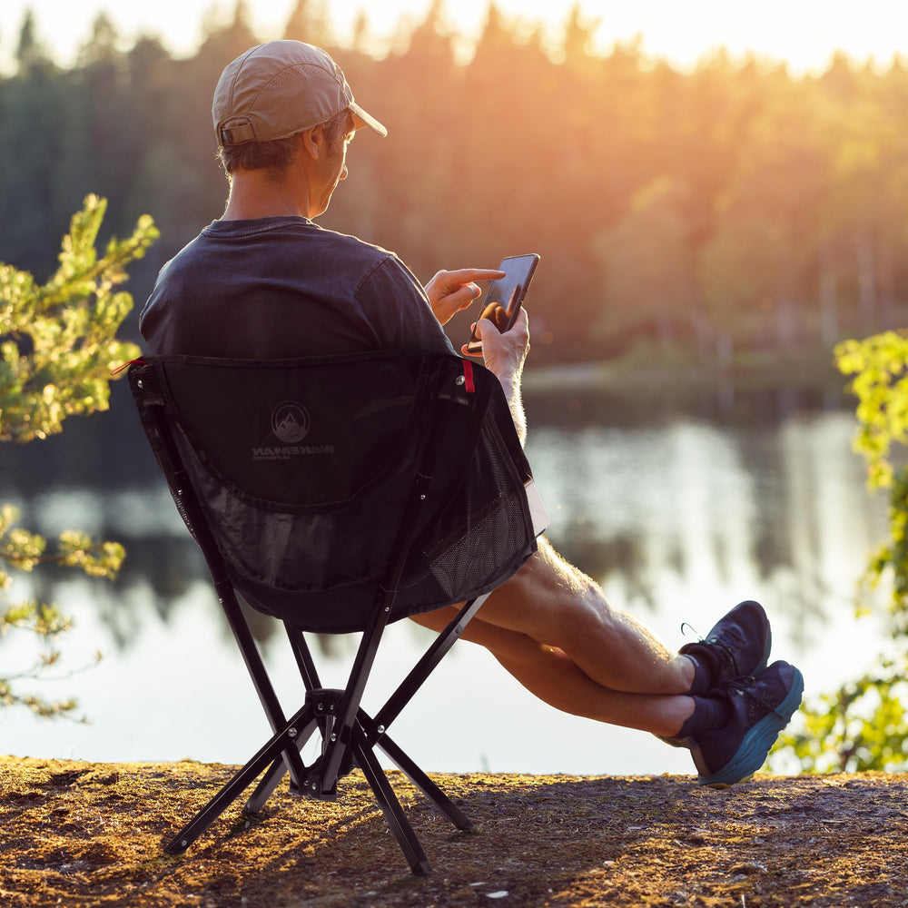 Wakeman portable camping chair open and ready for quick seating on the trail.