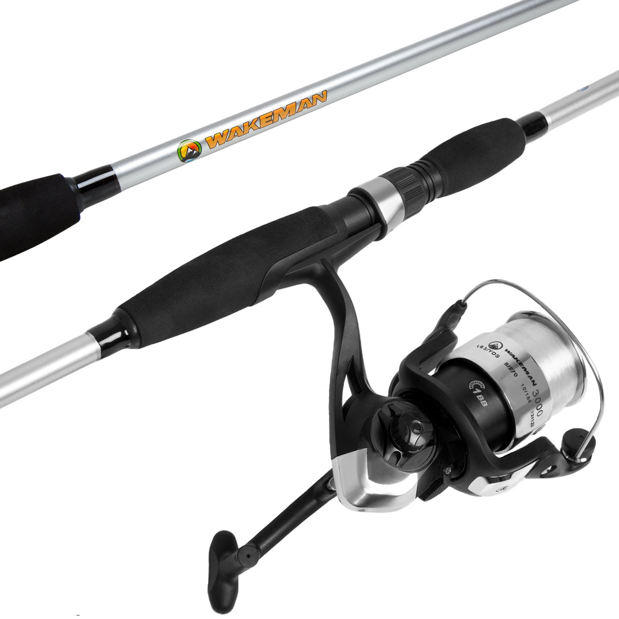 Wakeman 78-inch rod-and-reel combo ready for bass and trout along the shore