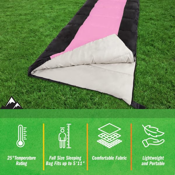 Wakeman 3-season pink sleeping bag, 45-54 F comfort rating