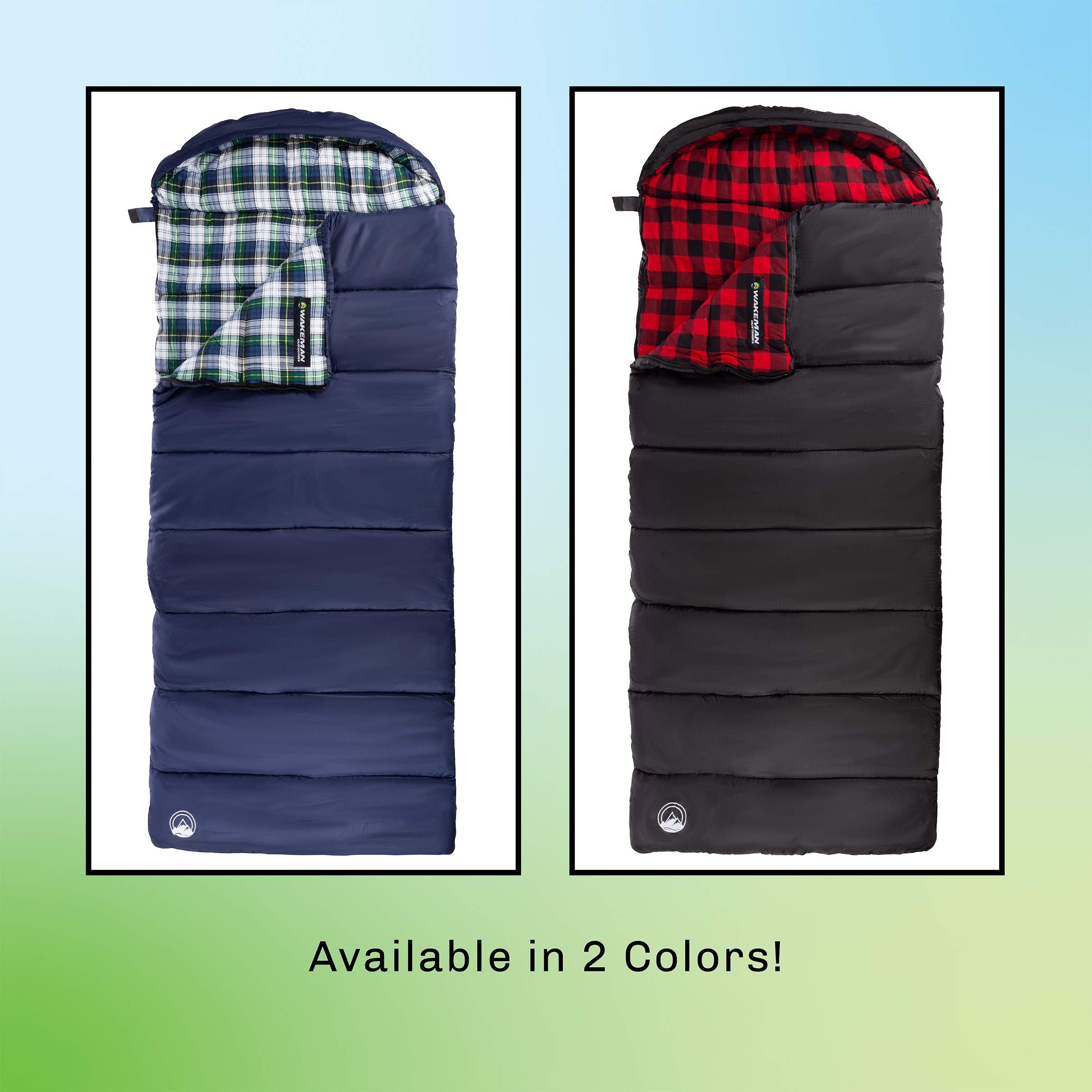 Wakeman navy color sleeping bag blends with campsite gear and travel kits.