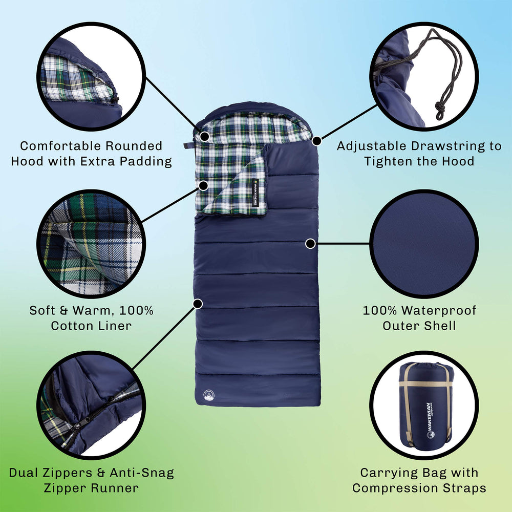 Wakeman sleeping bag drawstring hood adjustment provides a snug fit in cool air.