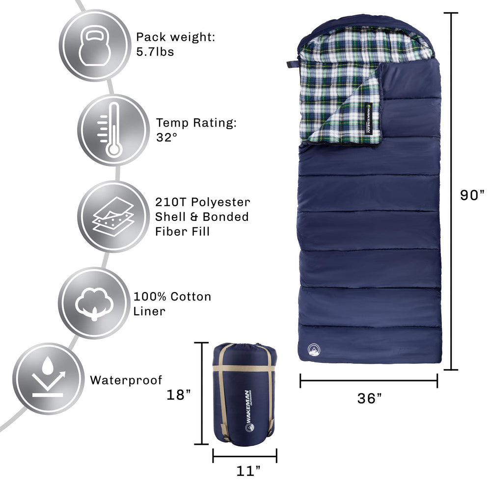 Wakeman sleeping bag waterproof shell outside keeps you dry on damp nights.