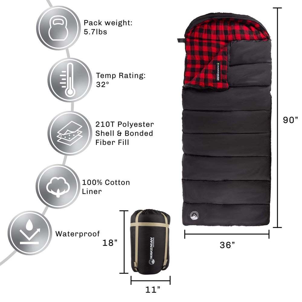 Wakeman XL sleeping bag soft buffalo plaid lining adds cozy warmth.