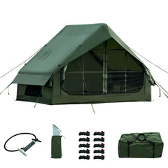 WaldZimmer 6sq green inflatable tent during setup demonstrates quick assembly and portability