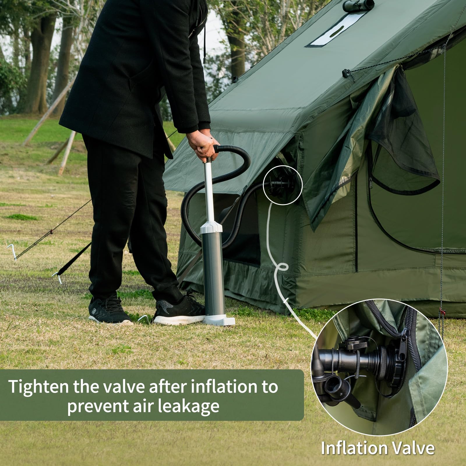 WaldZimmer green inflatable tent shows waterproof and windproof protection for outdoors